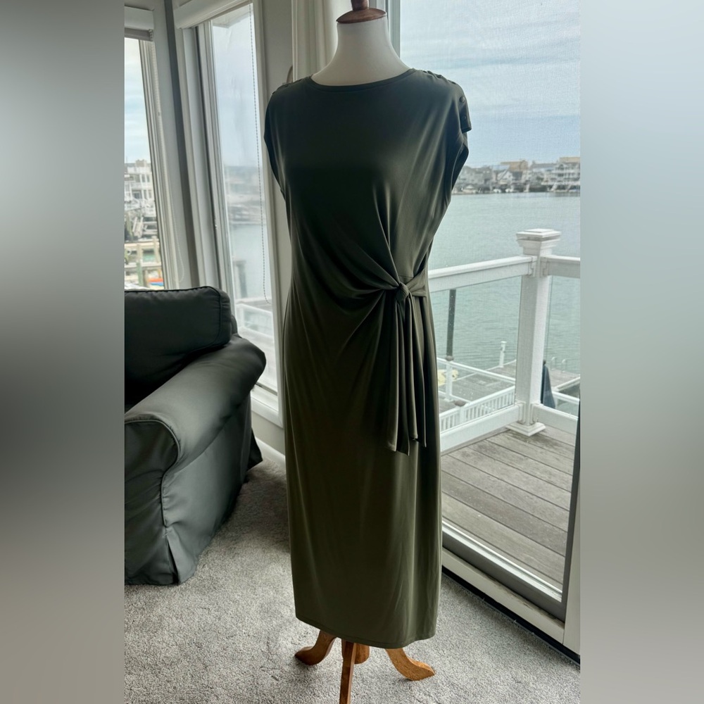 Jones New York Green Sheath Midi Dress with Ruched Tie Front